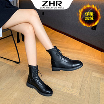 ZHR Martin Boots for Women Winter Fleece 2021 New British Style Chunky Heel Boots Genuine Leather Vintage Slim Women Boots