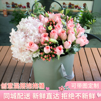 Suzhou City Flower Express Rose Hydrangea Platycodon Mixed Hug Bucket Pingjiang Gusu Xiang City Birthday Flower Shop