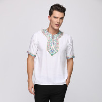 Summer new short-sleeved mens T-shirt special restaurant staff clothing Xinjiang ethnic style traditional embroidery cotton base shirt