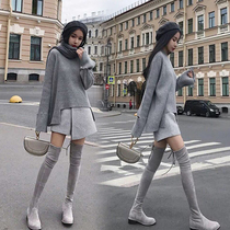 Small boots Flat high boots Childrens spring and Autumn elastic knee boots Light gray thin knight boots