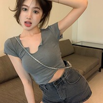 Vanya Gray Short Sleeve T-Shirt Summer New Black Pattern Clock Bone Spicy Lu Navel Short Coat