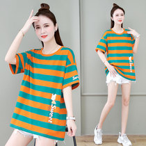 Colorful striped t shirts short sleeves 2022 new summer loose fashion trend half sleeve fat mm slim mask meat