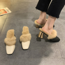 Tide Cards Baotou Hairy Slippers Women Winter Outwear Net Red 100 Hitch Cashmere Square Head Coarse Heel Fashion High Heels Mueller Shoes