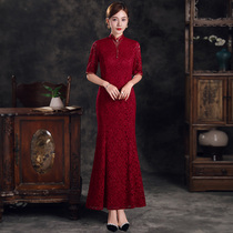 Wedding mother dress cheongsam wedding banquet autumn improvement long high-end Noble wine red mother-in-law dress