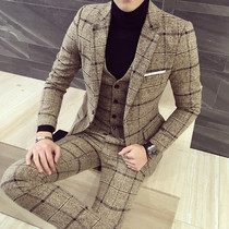 Plaid wool suit Mens suit Han version Body Trend Men Han Style Little West Suit Three Sets Winter Mens Clothing