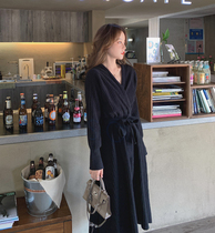 22 net red spring and autumn mid-length over-the-knee sweater skirt waist tie belt slimming V-neck black sweater dress