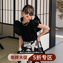 (year-end clear cabin not to be changed) Childrens clothing 2021 summer new black round collar blouses fly sleeves short T-shirt