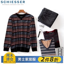 Germany Shuya pajamas mens autumn and winter towel cloth pure cotton V-neck striped home clothes Leisure home suit clearance