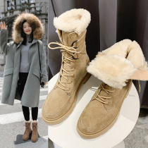 Mid-tube snow boots Womens warm cotton shoes English lace-up thick-soled Martin boots women winter plus velvet thick flat boots