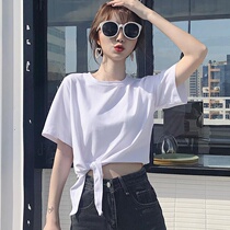 Cavity machine high waist navel top short white T-shirt women short sleeve design sense 2020 Summer Korean version loose