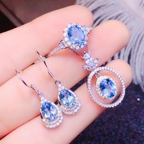 New Tide Gorgeous Atmosphere Super Sparkling Swiss Blue Natural Toppstone Suit S925 Pure Silver Pendant Ear Pendant Ring Alive