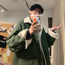 Winter Loose Tide Tooling Cashmere Cotton Coat Jacket Han Version Flipped Cotton Padded Jacket Men Cotton Clothing Green Uppie Handsome