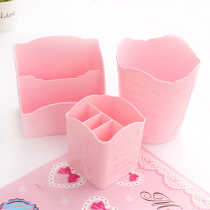 Cute pink tower relief cosmetics storage box Desktop storage plastic mask finishing box Pen holder brush tube