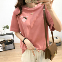 Round neck short sleeve t-shirt women 2020 Summer new loose thin peach embroidery top with base shirt