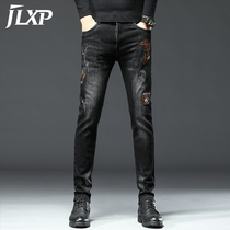 JLXP black embroidered jeans mens autumn high-end fashion brand mens trousers slim feet pants Korean trend