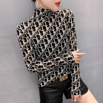 Semi-high-neck base shirt top 2020 autumn and winter new printed mesh long-sleeved elastic slim slim T-shirt