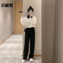 Autumn and winter 2021 New set female students Korean polo sweater jacket Women wide leg pants fashion two-piece tide