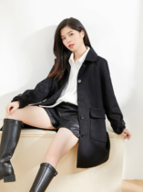 Seven quantity one cut black Joker little lapel padded wool double-sided tweed long autumn and winter coat female 711