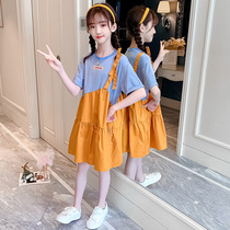 Korean Summer Girl foreign style dress loose middle child skirt short sleeve Net Red girl childrens clothing stitching pleated skirt