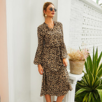 Women fashion leopard long sleeve medium length dress womens clothing