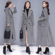 Long woolen coat womens winter 2021 New Korean version of waist plaid coat thickened knee woolen coat