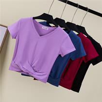 Navel short-sleeved purple top female hem cross-exposed belly button tight-fitting elegant style V-neck short shirt high waist T-shirt