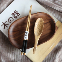 Wooden spoon Japanese solid wood spoon chopsticks set eating spoon carved fish spoon creative tableware wooden chopsticks