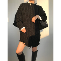 ACUPSTUDIO River right black twist sweater female 2021 autumn winter profile loose lazy wind knitted sweater tide
