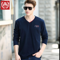 Autumn men long sleeve T-shirt cotton V collar thin sports top loose clothes mens base shirt size tide spring and autumn