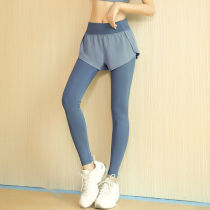 Autumn new fake two-piece trousers womens anti-embarrassing Pocket Yoga Fitness Sports Womens nine-point stretch fast pants