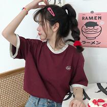 Retro color color fake two short sleeve T-shirt female summer loose Korean version of ins tide students Harajuku style with cotton shirt