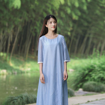 21 autumn new silk hemp jacquard literary retro dress loose pullover round neck five-point sleeve dress