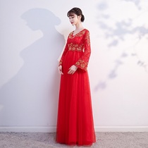 Pregnant woman toast dress bride 2020 new long-sleeved high-waisted large size cover pregnant belly wedding cabinet dress female summer