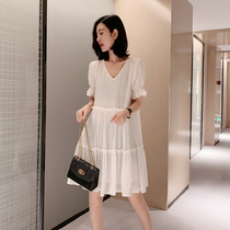 White bubble sleeve dress women Europe station 2021 New European goods covering belly thin age cake skirt summer