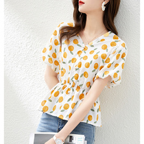 Foam Han Yimei style V collar short sleeve blouses women 2021 Summer New pint loot Lean Slimmer Blister Sleeves Shirt