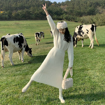 SYT gentle little man autumn and winter suit female imitation mink fluff half skirt two-piece knitted dress