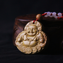 Peach wood Millver item pendant laughing Buddha necklace wood carving Buddha pendant pendant wooden green card buddhare Buddha Medal Carry-on