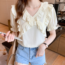 Super Fairy Snowspun Shirt Woman Summer Short Sleeve 2022 New Ocean Lotus Leaf Side V Collar Shirt Horn Short Sleeve Blouse Women