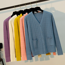 Knitted cardigan female spring and autumn Joker thin belly cover shawl solid color outside pocket soft waxy sweater coat