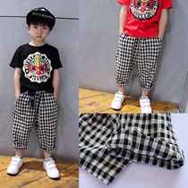 Boys  trendy childrens pants thin summer cotton and linen bloomers black and white plaid Harlan pants Childrens casual pants loose