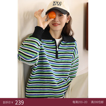 Deer and birds autumn Japanese college style three-dimensional striped pullover sweater (baking soda) 4558
