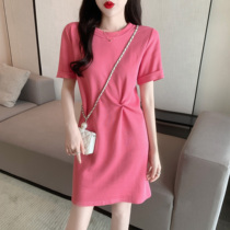2022 Summer short sleeves T-shirt dress woman design feeling small crowd pure desire to collect waist loose and thin pink medium long dress
