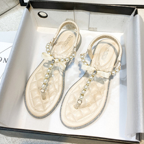 Tide Card Toe Sandals Women Flat Bottom 2022 New Summer Pearl Romans Characters Tug Big Code Fairy Wind Sandal Beach Shoes