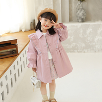 Girls Korean single-breasted trench coat 2021 autumn new female treasure long coat childrens foreign style embroidery jacket