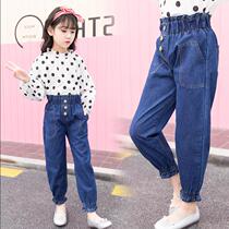 Girls jeans 2021 spring new high-waisted childrens pants in the big virgin girl spring and autumn Western style long pants tide