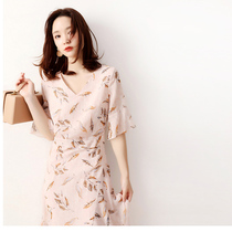 Japanese womens summer new French niche romantic printed gilding flocking dots lotus leaf sleeve V-neck dress