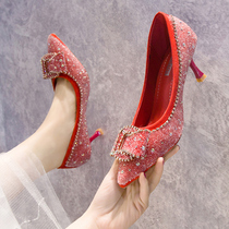 Spring red womens wedding shoes 2021 New pointed high heels womens stiletto rhinestone shoes Joker popular shoes