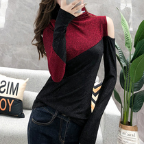Europe station 2020 autumn and winter new stylish dew shoulder long sleeve t-shirt female ocean gas inner lap blouse with bright silk undershirt tide