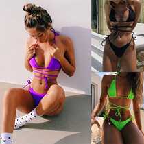 2019 women split swimsuit new solid color Bikini hot sale stitching neck lace-up Bikini strap Bikini