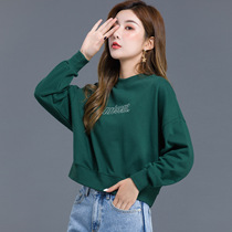 Womens short sweater womens 2021 new spring and autumn thin trend womens loose hat-free round neck plus velvet top